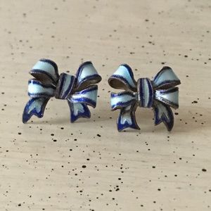 Vintage Enamel Bow Earrings, Blue